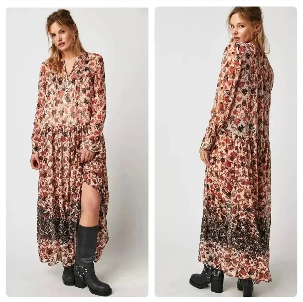 Free People See It Through Flo in Tea Combo Floral Maxi Dress (XS)NWT